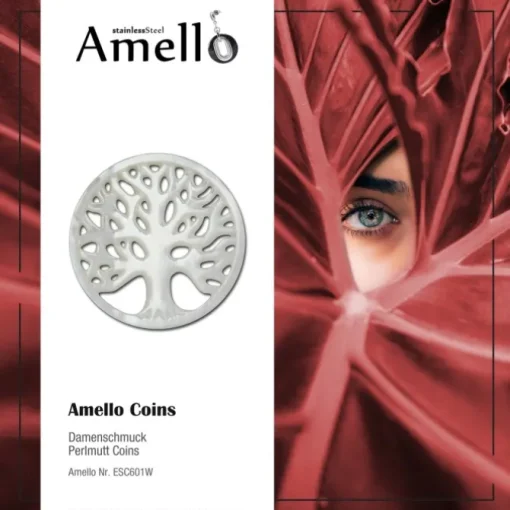 Amello Coin Lebensbaum Perlmutt weiß für Coinsfassung Stahlschmuck ESC601W