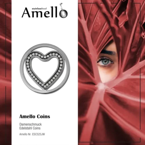 Amello Edelstahl Coin Herz 30mm Zirkonia weiß für Coinsfassung ESC525JW