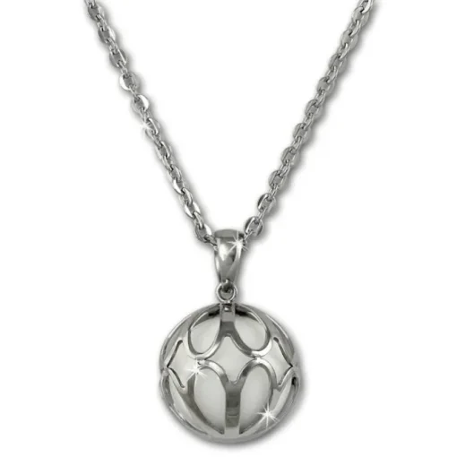 Amello Edelstahl Kette mit Anhänger Kugel Ornament mit Achat weiß ESKY02W