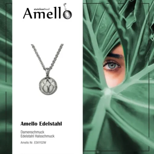 Amello Edelstahl Kette mit Anhänger Kugel Ornament mit Achat weiß ESKY02W
