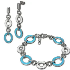 Amello Edelstahlschmuckset Emaille oval türkis Armband, Ohrringe ESSG08T