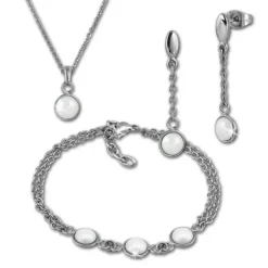 Amello Edelstahlschmuckset Halbkugel Keramik Kette, Armband, Ohrring ESSX36W