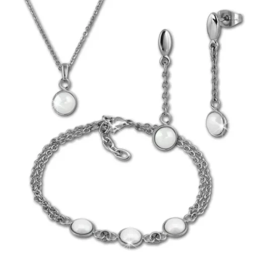Amello Edelstahlschmuckset Halbkugel Keramik Kette, Armband, Ohrring ESSX36W