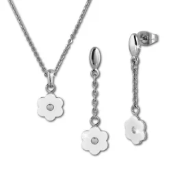 Amello Edelstahlschmuckset Keramik Blümchen weiß Kette, Ohrring ESSX41W