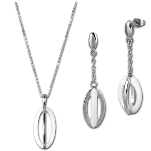 Amello Edelstahlschmuckset Keramik Ellipse Kette, Ohrring ESSX09W