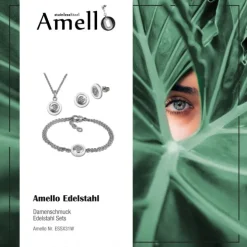 Amello Edelstahlschmuckset Keramik Rund Zirkonia Kette, Armband, Ohrring ESSX31W