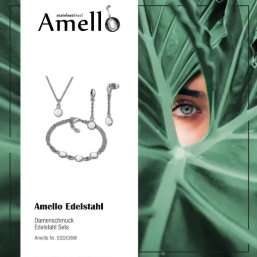 Amello Edelstahlschmuckset Halbkugel Keramik Kette, Armband, Ohrring ESSX36W