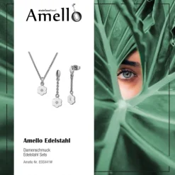 Amello Edelstahlschmuckset Keramik Blümchen weiß Kette, Ohrring ESSX41W