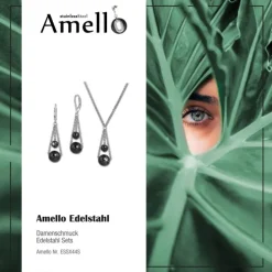 Amello Edelstahlschmuckset Keramik Kugeln schwarz Kette, Ohrring ESSX44S