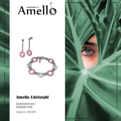 Amello Edelstahlschmuckset Emaille Oval rosa Armband, Ohrringe ESSG06P