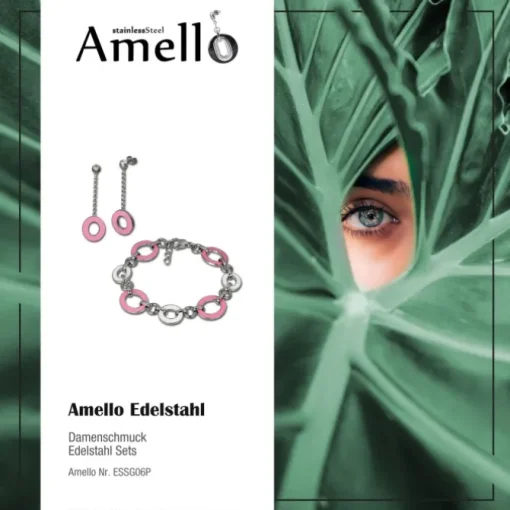 Amello Edelstahlschmuckset Emaille Oval rosa Armband, Ohrringe ESSG06P