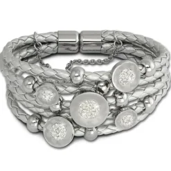 Amello Leder Armband silber Kreise Zirkona weiß Edelstahl Verschluss LAQ013J1