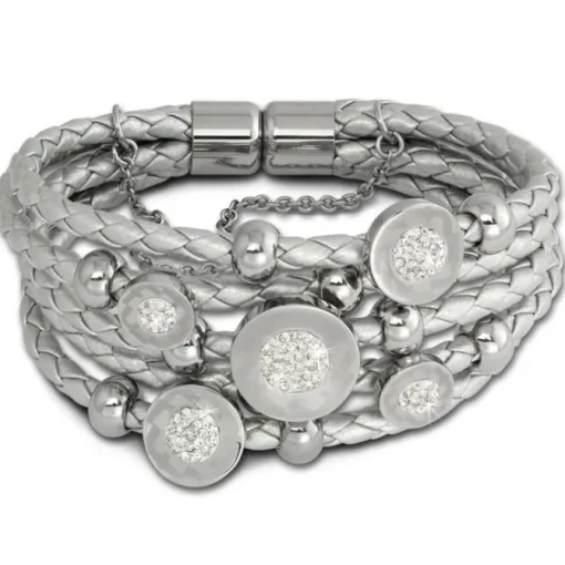 Amello Leder Armband silber Kreise Zirkona weiß Edelstahl Verschluss LAQ013J1