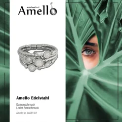 Amello Leder Armband silber Kreise Zirkona weiß Edelstahl Verschluss LAQ013J1