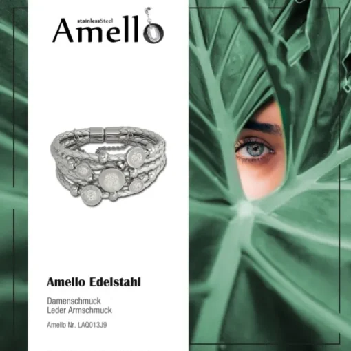 Amello Leder Armband silber Kreise Zirkona weiß Edelstahl Verschluss LAQ013J9