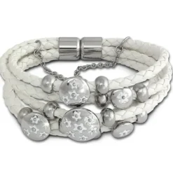 Amello Leder Armband weiß Blumen mit Edelstahl Magnet Verschluss LAQ001W9