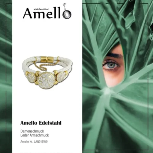 Amello Leder Armband weiß Kreise vergoldet Edelstahl Magnet Verschluss LAQ015W9