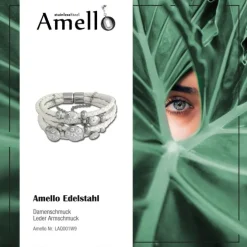 Amello Leder Armband weiß Blumen mit Edelstahl Magnet Verschluss LAQ001W9