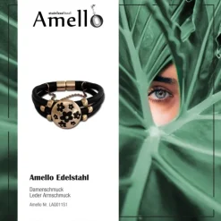 Amello Nappa-Leder Armband 21cm schwarz Blumen Edelstahl rosevergoldet LAQ011S1