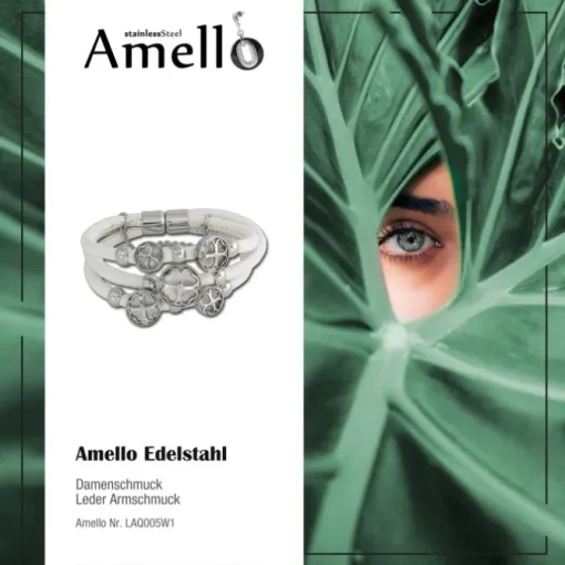 Amello Nappa-Leder Armband weiß Kleeblatt Edelstahl Magnet Verschluss LAQ005W1