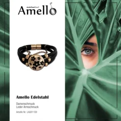 Amello Nappa-Leder Armband schwarz Blumen Edelstahl rosevergoldet LAQ011S9
