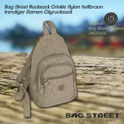 Bag Street Rucksack Crinkle Nylon hellbraun trendiger Damen Cityrucksack ORJ200L