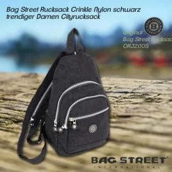 Bag Street Rucksack Crinkle Nylon schwarz trendiger Damen Cityrucksack ORJ200S