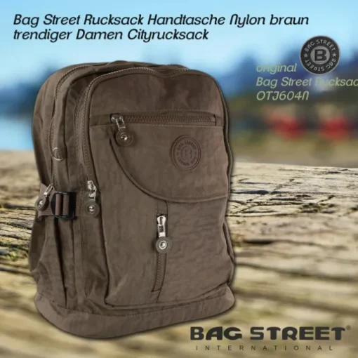 Bag Street Rucksack Handtasche Nylon braun trendiger Damen Cityrucksack OTJ604N