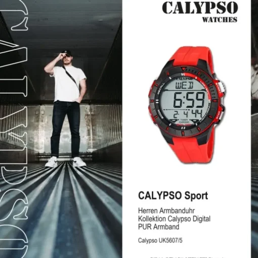CALYPSO Herren-Armbanduhr Sport Funktinsuhr Quarz-Uhr PU rot UK5607/5
