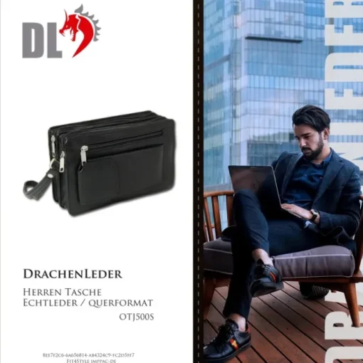 DracheLeder Handgelenktasche schwarz Leder Handytasche Herrentasche OTJ500S