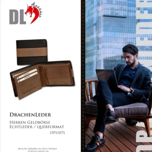 DrachenLeder Antikleder Portemonnaie schwarz-braun Brieftasche OPS107S