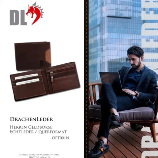 DrachenLeder braun Echtleder Portemonnaie Brieftasche Herren OPT001N