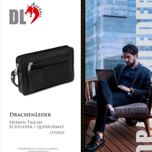 DrachenLeder Handgelenktasche Herren schwarz Echtleder Herrenhandtasche OTJ502S