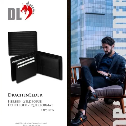 DrachenLeder Herren Leder Portemonnaie schwarz Brieftasche OPS106S