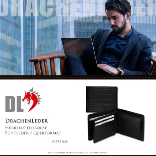 DrachenLeder Herren Leder Portemonnaie schwarz Brieftasche OPS106S