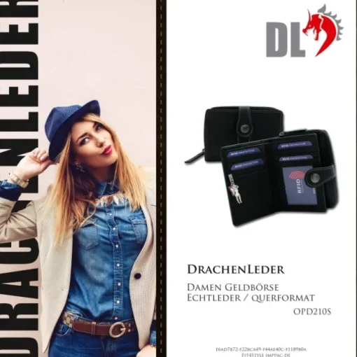 DrachenLeder Leder schwarz Portemonaie Brieftasche RFID Schutz OPD210S
