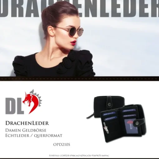 DrachenLeder Leder schwarz Portemonaie Brieftasche RFID Schutz OPD210S