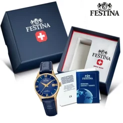 Festina Damen Armbanduhr Swiss Made F20011/3 Quarz Leder blau UF20011/3