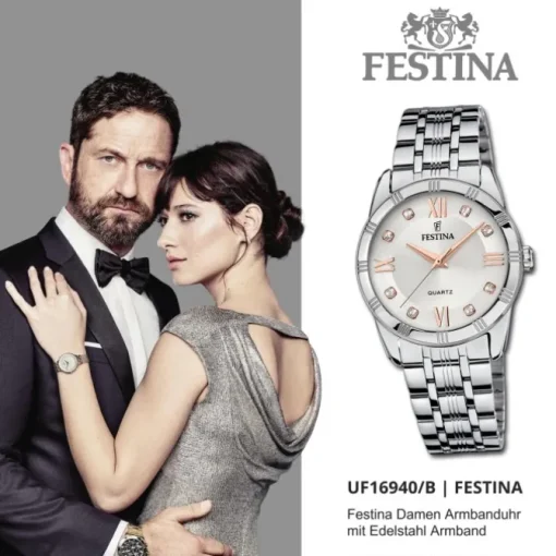 Festina Damen-Armbanduhr Boyfriend Quarz Edelstahl silber rose UF16940/B