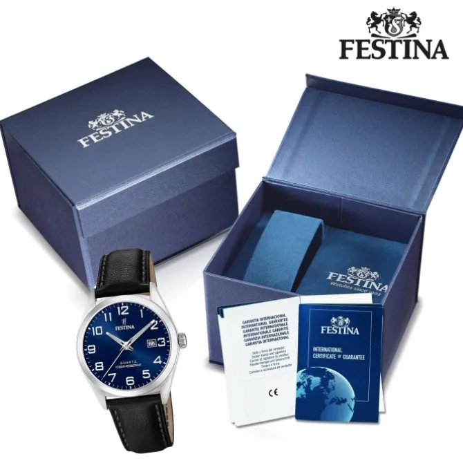 Festina Herren Armbanduhr Klassik F20446/2 Quarz Leder schwarz UF20446/2