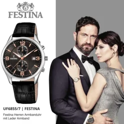 Festina Herren Armbanduhr Retro F6855/7 Quarz Leder schwarz UF6855/7