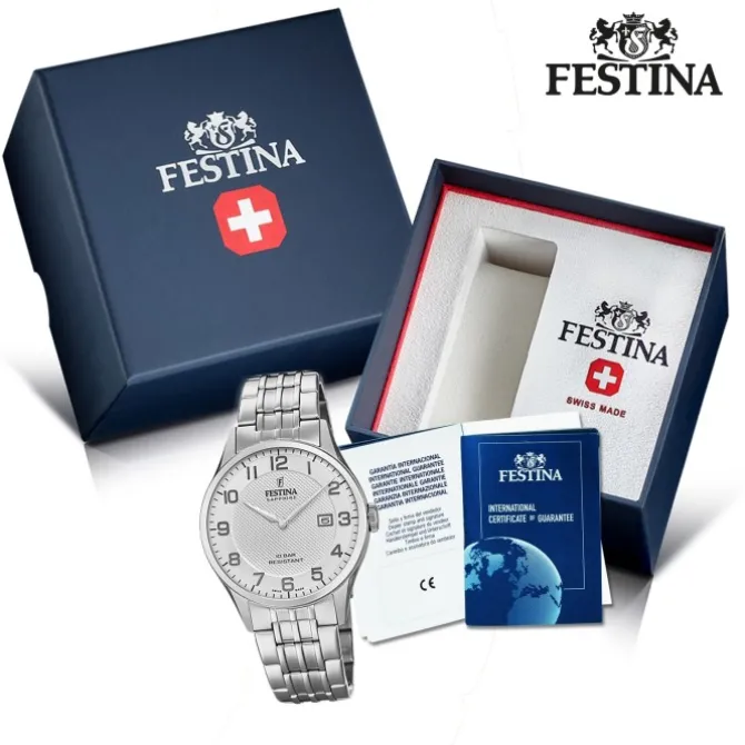 Festina Herren Armbanduhr Swiss Made F20005/1 Quarz Edelstahl silber UF20005/1