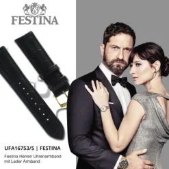 Festina Herren Uhrenarmband 22mm Leder-Band schwarz für Festina F16753 F16751 UFA16753/S