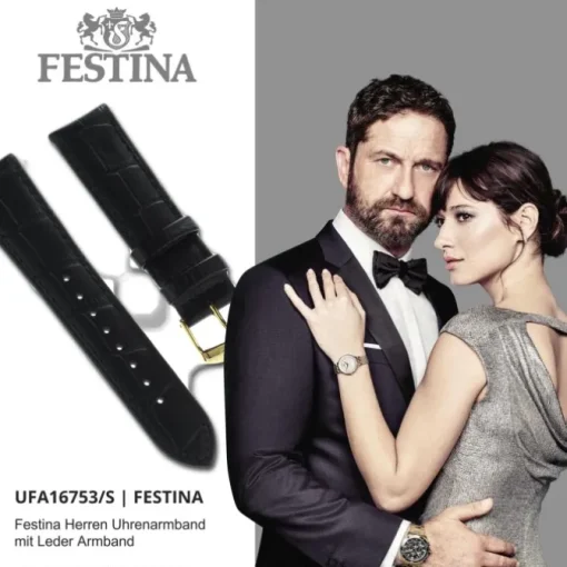 Festina Herren Uhrenarmband 22mm Leder-Band schwarz für Festina F16753 F16751 UFA16753/S