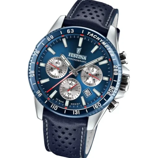 Festina Herrenuhr Timeless Chronograph Armbanduhr Leder dunkelblau UF20561/2