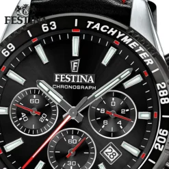 Festina Herrenuhr Timeless Chronograph Armbanduhr Leder schwarz UF20561/4