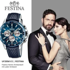 Festina Herrenuhr Timeless Chronograph Armbanduhr Leder dunkelblau UF20561/2