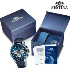 Festina Herrenuhr Timeless Chronograph Armbanduhr Leder dunkelblau UF20561/2