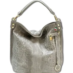Florence Beuteltasche Echtleder grau geprägt Damen Hobo Bag Tasche OTF162K