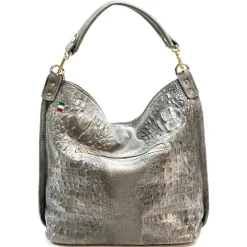 Florence Beuteltasche Echtleder grau geprägt Damen Hobo Bag Tasche OTF162K